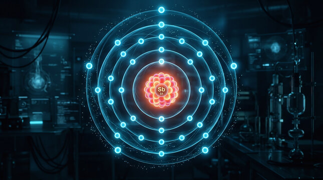 3D illustration of an atom with glowing electrons orbiting a colorful nucleus, symbolizing science, physics, and modern technology