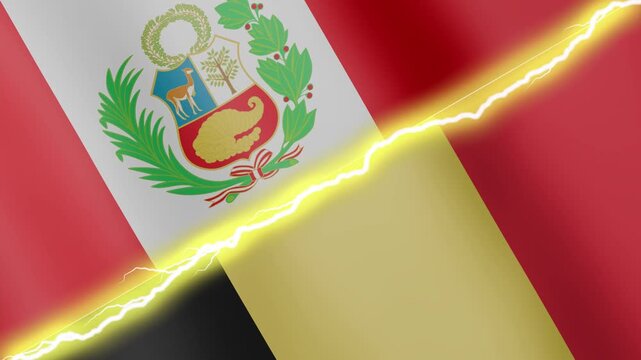 Two waving flags Peru and Belgium with diagonal lightning seamless, 4k loop