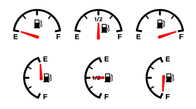 Set of six fuel gauge icons showing different levels of gas from empty to full isolated on transparent background