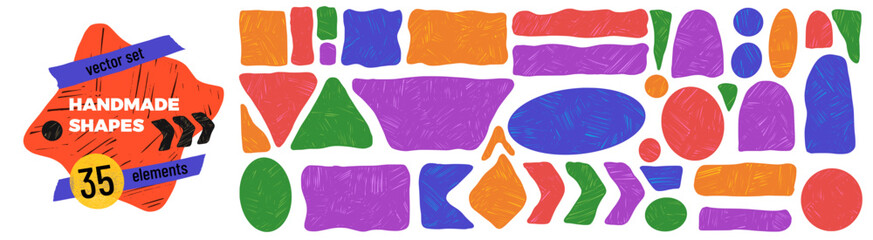 Obraz premium Crayon figure set with rough pastel brush texture. Colorful rectangles and circles form playful labels and callouts. Crayon figure vector collection for social media post or poster design.