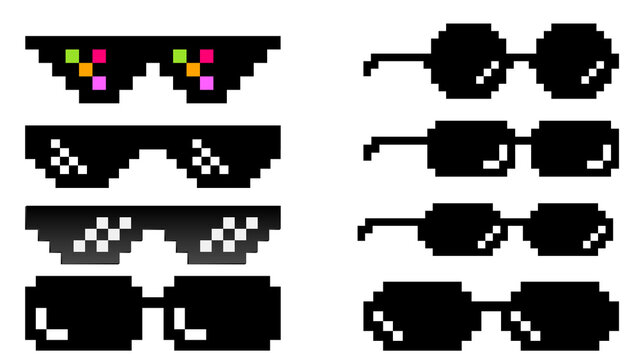 Diverse pixel art sunglasses icon set, featuring classic retro 8-bit eyewear and popular internet meme style shades, perfect for digital design projects with a nostalgic aesthetic