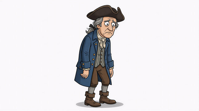 Cartoon illustration of a weary historical traveler wearing a vintage coat, hat, boots, and carrying a rustic walking stick