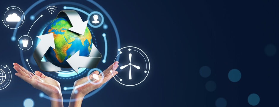 Global recycling concept with Earth, circular arrows, protective hands, clean energy symbols, and generous dark background copy space design.