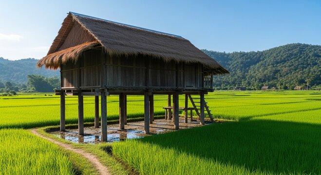 a wooden hut with a thatched roof stands in the middle of lush green rice fields.