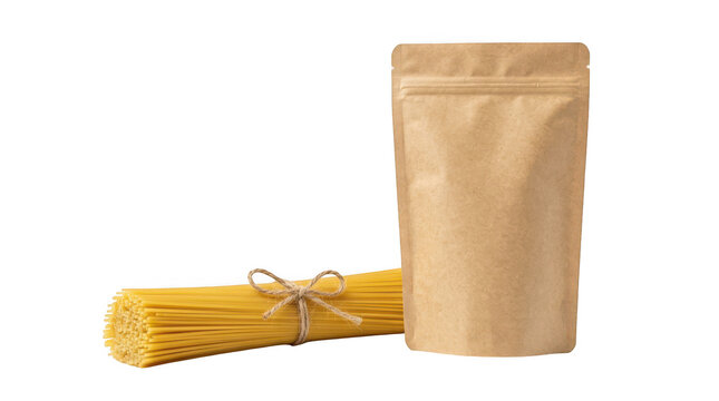 Spaghetti pasta bundle with twine and a blank kraft paper pouch isolated on transparent background