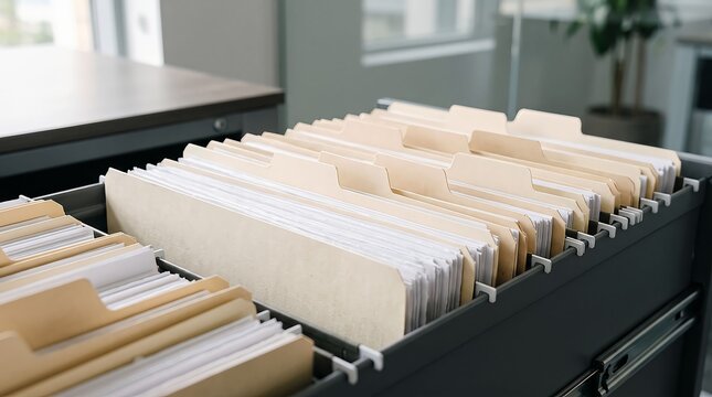 Open office filing cabinet drawer filled with organized hanging manila folders and paper documents for business administration