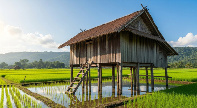 a wooden hut with a thatched roof stands in the middle of lush green rice fields.