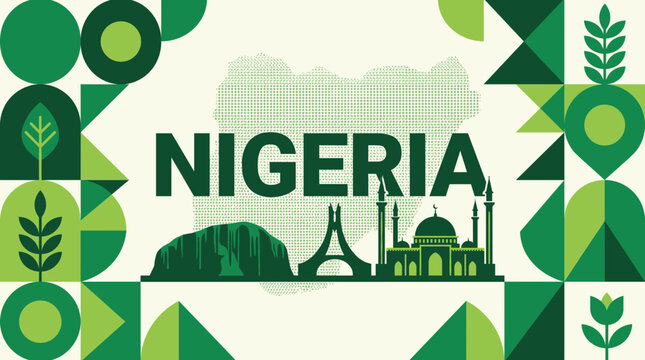 Nigeria Travel and Culture Illustration with Iconic Landmarks and Geometric Patterns.