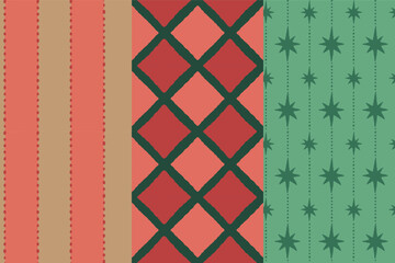 Obraz na płótnie Canvas Vector Seamless Christmas pattern with hand-drawn holiday elements, geometric shapes, stars and festive ornaments in a retro color palette