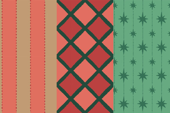 Vector Seamless Christmas pattern with hand-drawn holiday elements, geometric shapes, stars and festive ornaments in a retro color palette
