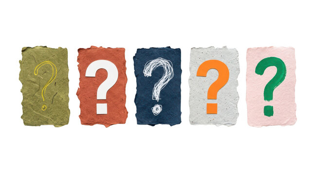 Five colorful handmade paper cards with question marks isolated on transparent background