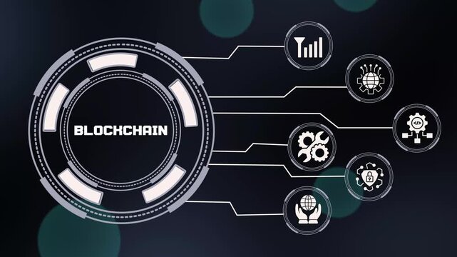 Blockchain technology concept featuring secure digital networks, distributed data, cryptography, smart systems, enterprise applications and modern innovation.
