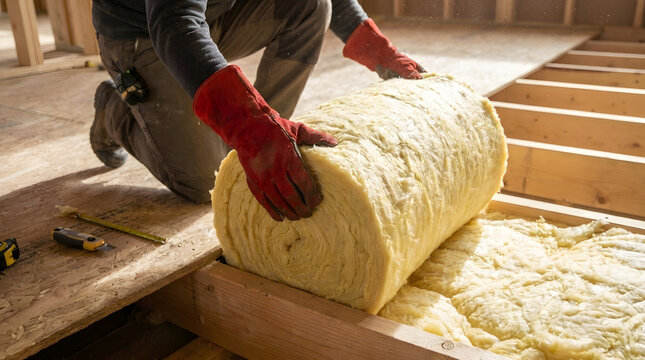 Worker Unrolling Fiberglass Insulation Roll | Attic Thermal Insulation Installation | Home Energy Efficiency