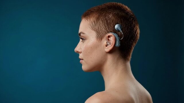 Profile Of Woman With Hearing Aid Illuminated By Studio Camera Flashes