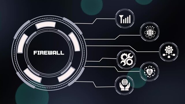 Firewall security technology concept featuring enterprise network protection, encrypted communication, threat detection, cloud security and intelligent cyber defense.