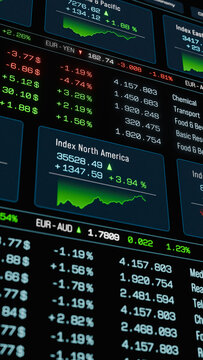 Stock market data North America index chart up, trading screen. Financial market, sector data, prices, trading volume, making money, investment information.
