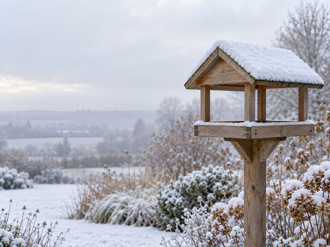 Wooden Bird Feeder Ready for the First Winter Snow