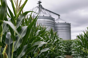 Obraz premium The Cornfield with Silos on a Rural Farm Under Cloudy Sky