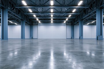 Obraz premium The Empty Warehouse Interior With Blue Steel Beams And Bright Lighting