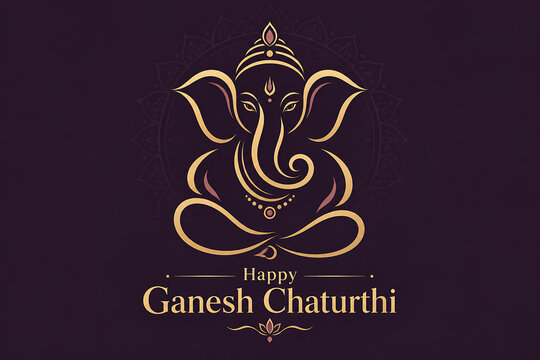 Elegant golden ganesha line art on deep plum background for ganesh chaturthi celebration and traditional lord ganesha puja festive greeting design illustration