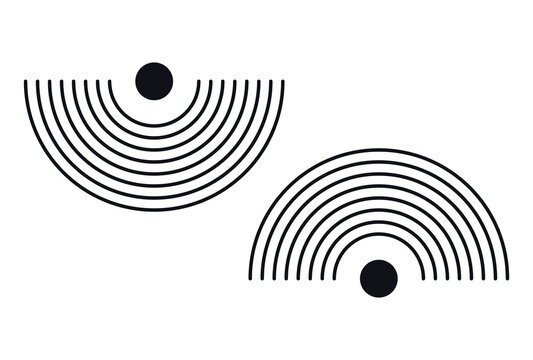 Minimalist geometric abstract design with concentric semicircles and solid black circles isolated on transparent background