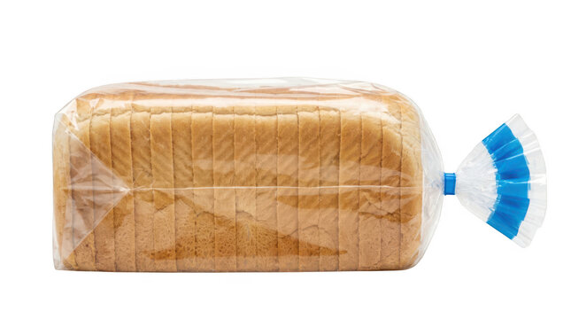 Loaf of sliced white bread in a clear plastic bag isolated on transparent background