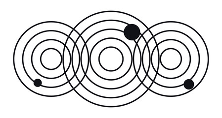 Abstract geometric pattern with overlapping concentric circles and orbiting solid spheres isolated on transparent background © NURJAHAN