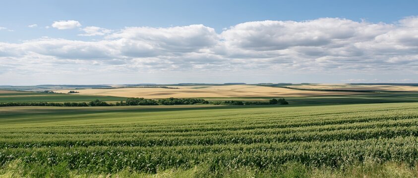 The Farmland Landscape of Rolling Green Fields under a Wide Blue Sky