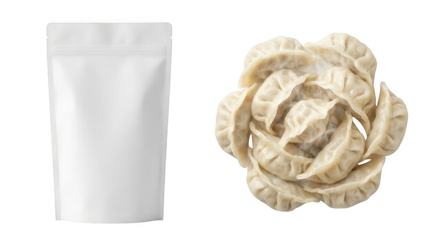 White blank pouch packaging and a group of raw dumplings isolated on transparent background