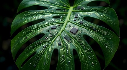 Fototapeta premium Close up of a monstera leaf transformed into a circuit board featuring visible microchips and conductive pathways mimicking natural leaf veins