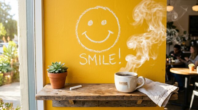 Steaming coffee cup on rustic wooden shelf with chalk smiley face on bright yellow wall, inspiring positive morning cafe vibes for Coffee Day.