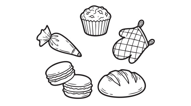 baking icons set with cupcake, piping bag, macaron