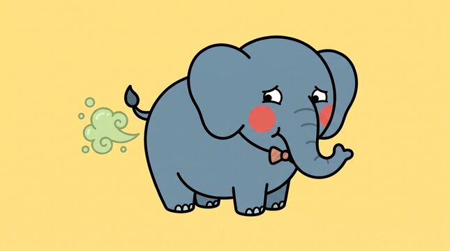A cute, embarrassed blue cartoon elephant with pink cheeks farts, standing on a yellow background