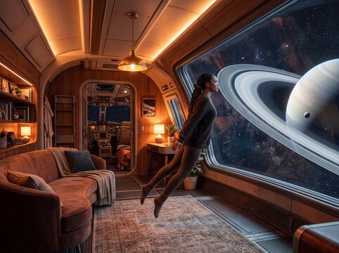 Young African American Female Gliding Past Distant Planetary Rings