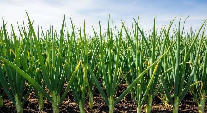 Detailed close-up view of vibrant green onion stalks growing in long organic rows across a fertile farm field under bright afternoon light, raw, veggie, gardening