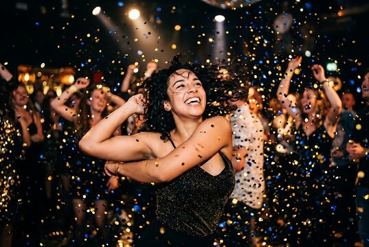 A joyful woman dancing amidst falling confetti at a lively party surrounded by a cheering crowd.