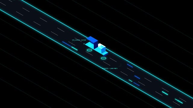 Futuristic Digital Highway HUD Animation with Data Tracking Displaying Velocity 1404 MB S and Sys Status Active Overlay on Dark Neon Graphic Interface