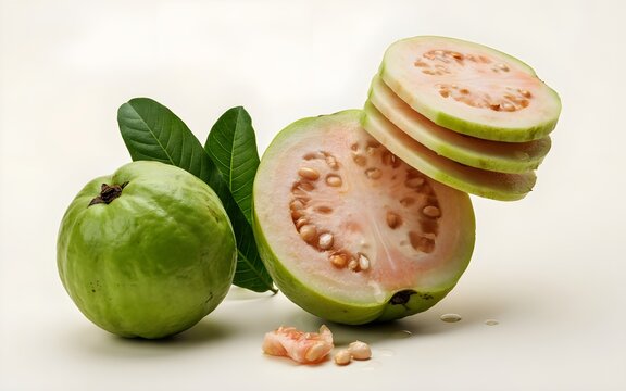 Fresh Whole and Cut Pink Guava Fruits with Green Leaves and Sliced Pieces Displayed on Plain White Background for Healthy Food and Tropical Product Marketing