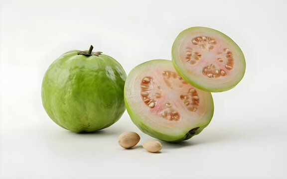 Fresh Whole and Cut Pink Guava Fruits with Green Leaves and Sliced Pieces Displayed on Plain White Background for Healthy Food and Tropical Product Marketing