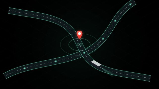Digital isometric animation showing a vehicle traveling along curved roads with a bright red location pin marker glowing on a dark grid tech backgroun