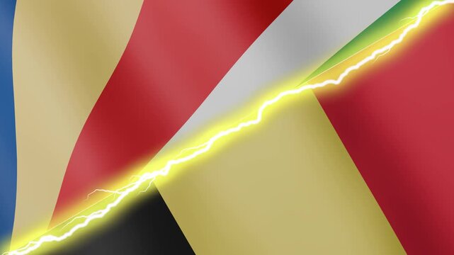 Two waving flags Seychelles and Belgium with diagonal lightning seamless, 4k loop