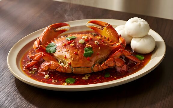 Delicious Singapore Chili Crab Dish Featuring Whole Freshly Cooked Mud Crab Coated in Rich Spicy Tomato Gravy Served with Soft Steamed Mantao Buns and Fresh Herbs on Dark Wooden Table
