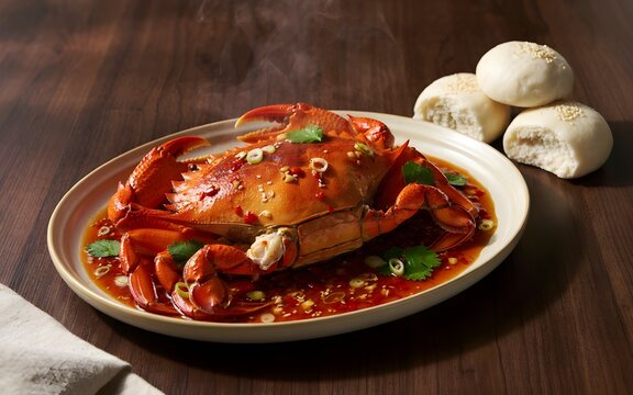 Delicious Singapore Chili Crab Dish Featuring Whole Freshly Cooked Mud Crab Coated in Rich Spicy Tomato Gravy Served with Soft Steamed Mantao Buns and Fresh Herbs on Dark Wooden Table