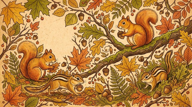 Vintage autumn seamless pattern with cute squirrels and leaves