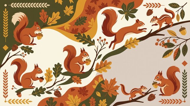 Retro autumn seamless pattern with cute squirrels and fall leaves