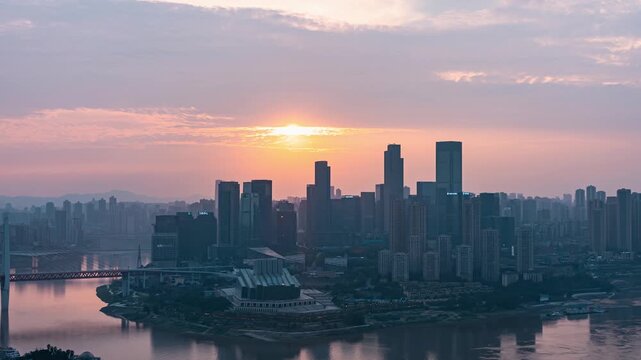 Chengdu Skyline at Sunrise Over Jin River in Chengdu, China