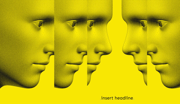 People face to face. Abstract digital human head. Concept of psychological and mental health issues. Reflection and splitting. 3D vector illustration for a banner, poster, cover, or brochure.