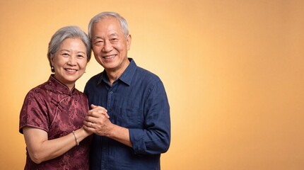 Obraz premium Portrait of a happy senior asian couple standing together, holding hands, wearing ad social media download thambnail poster web template event festival 2026 2027 2028