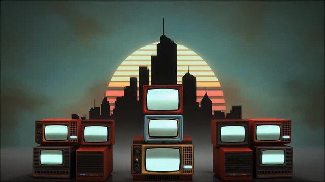 Retro TV Stacked City Skyline Sunset Retro Wave 80s Vintage Technology