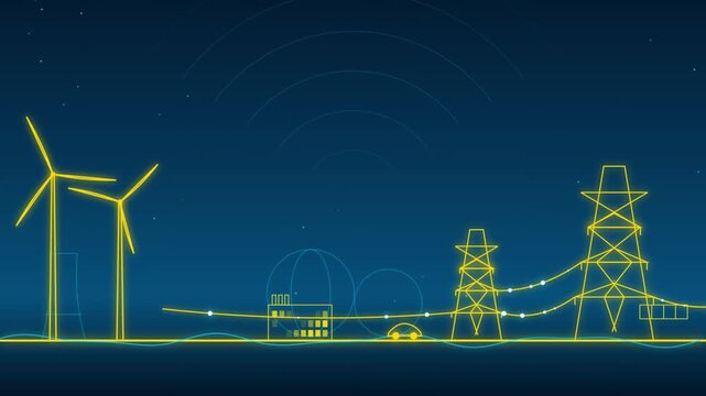 Clean Energy Infographic Animation Featuring Rotating Wind Turbines Power Grid Pylons And Electric Vehicle Driving Through Smart City Network Lines